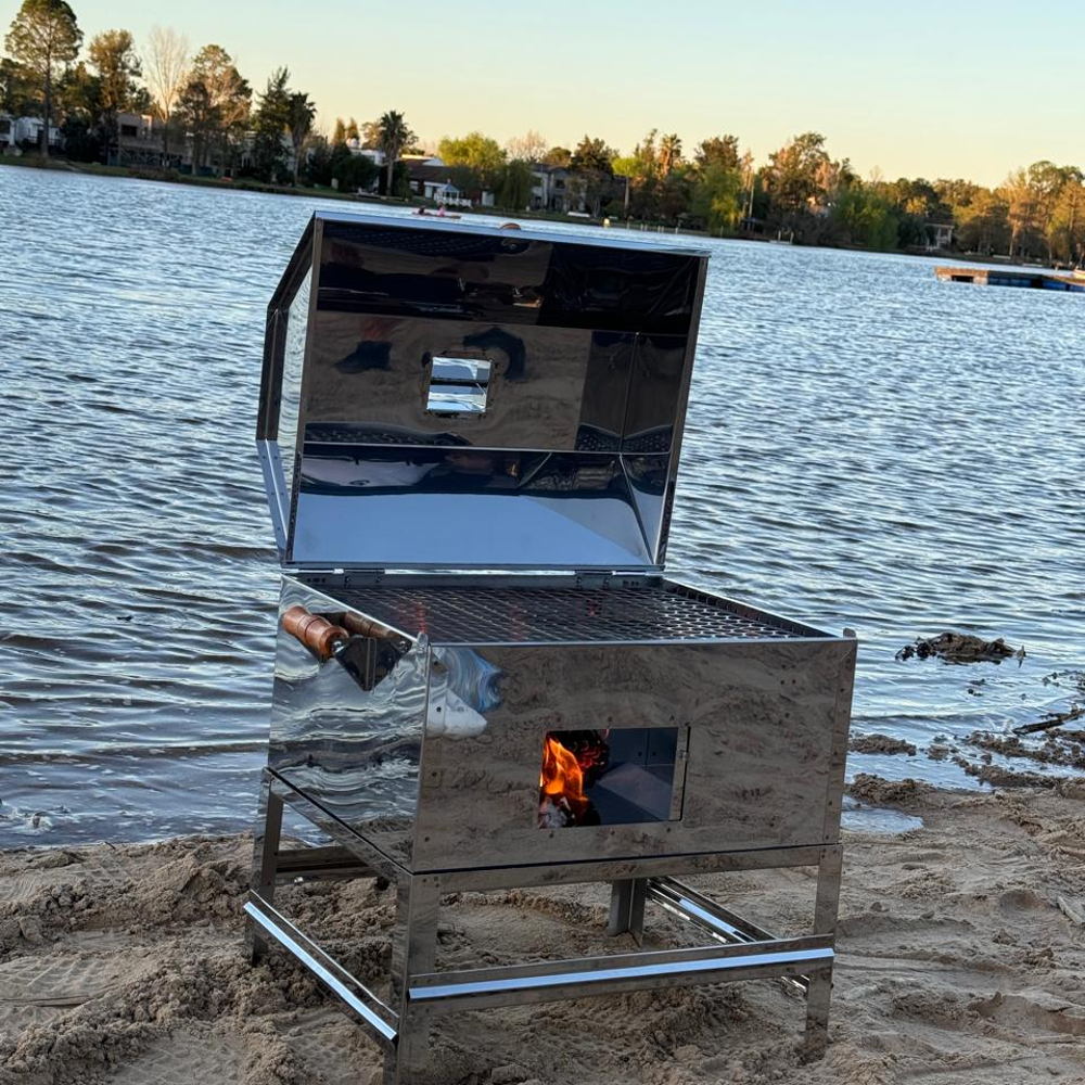 Parrilla Fuego Rústico abierta, acero inoxidable, lista para asar